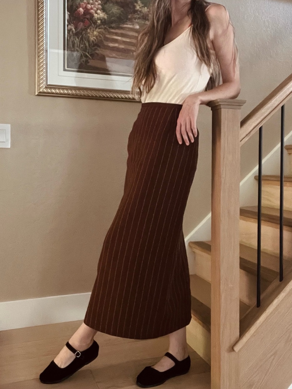 Vintage High-Waist Brown Pinstripe Maxi Skirt